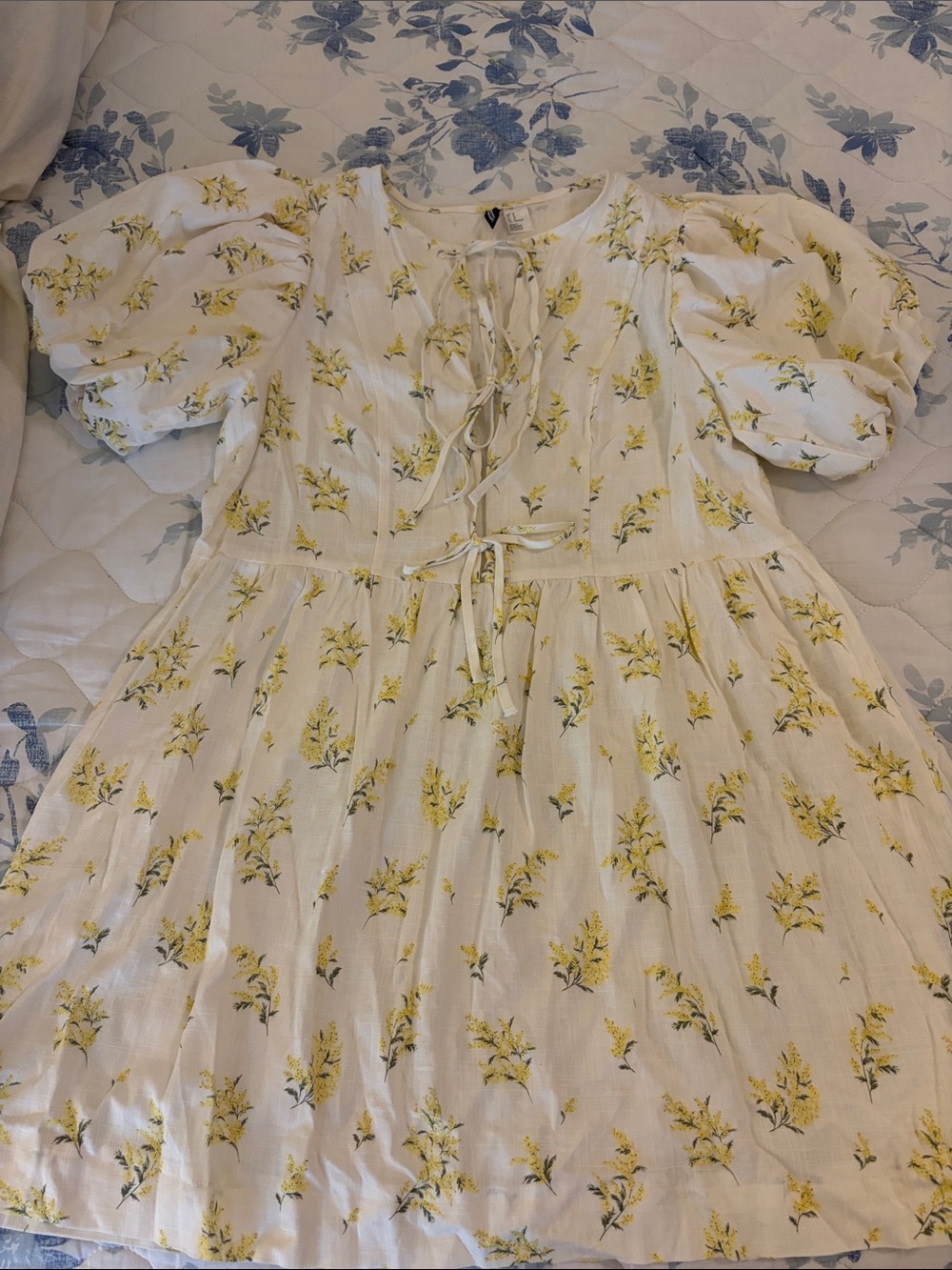 Divided White Floral Tue front Mini Dress with Yellow Print